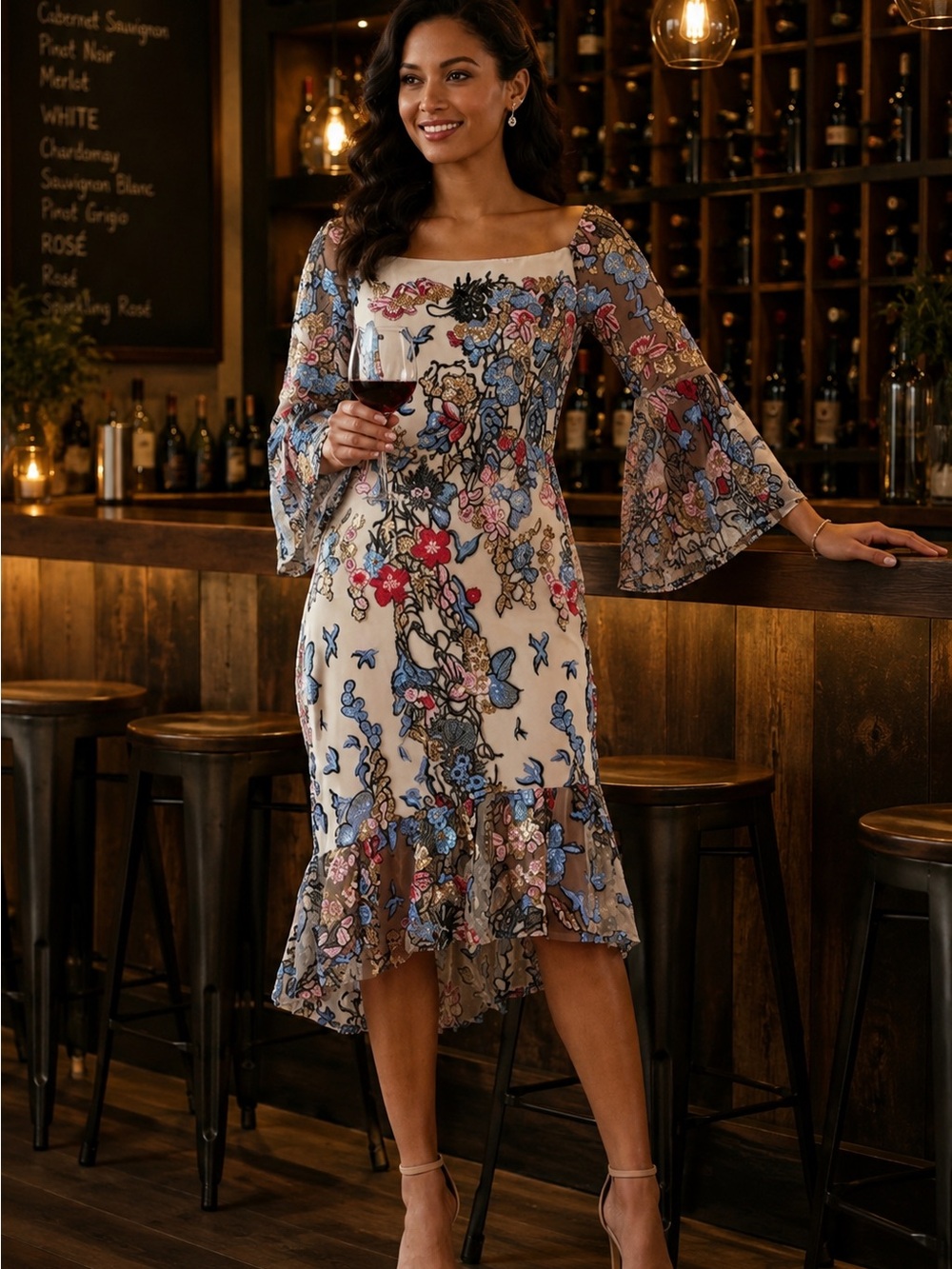 Alexia Admor Ivory Floral Square-Neck Midi Dress with Blue and Pink Accents